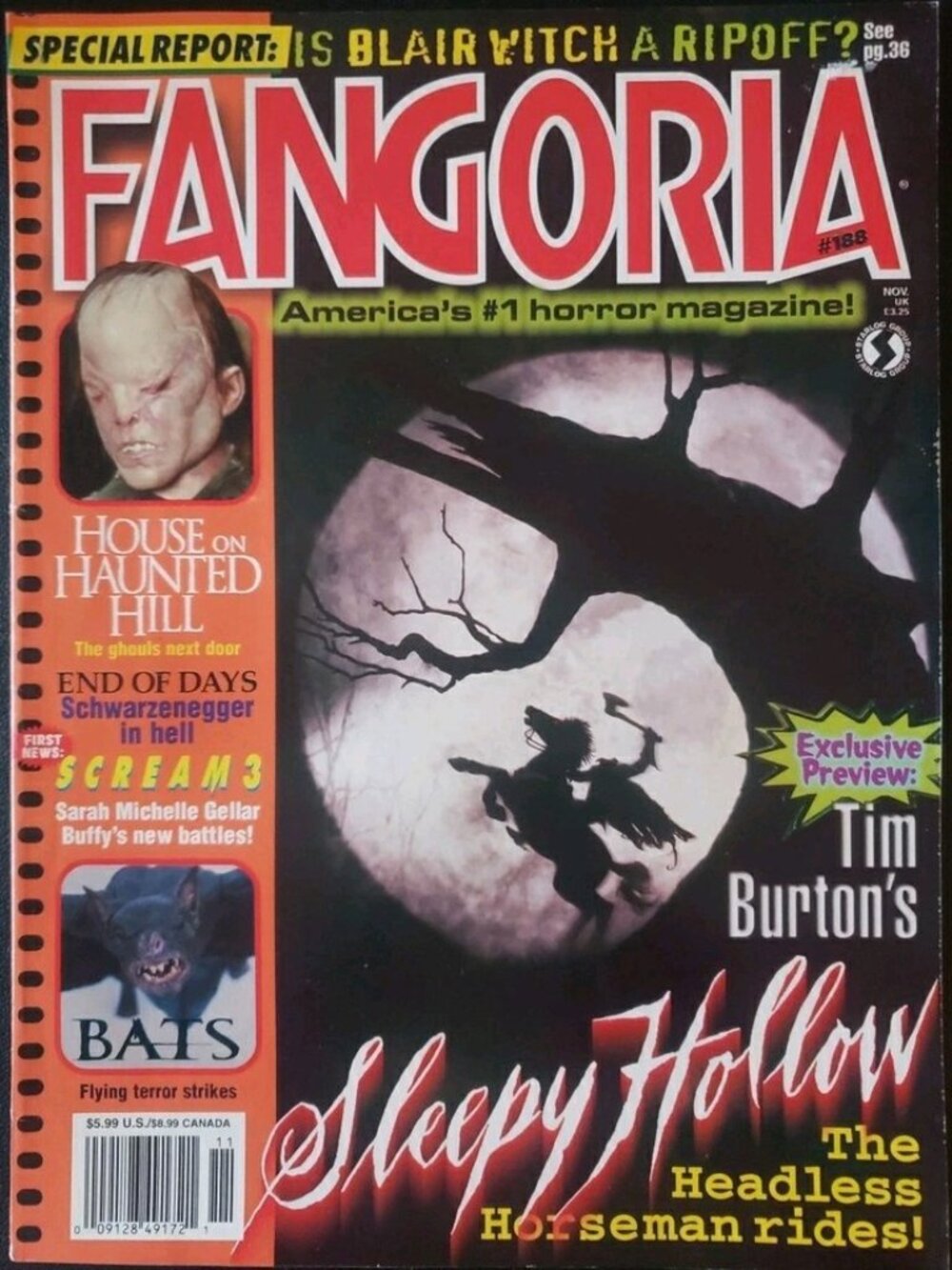 Fangoria #188 Nov 1999 Sleepy Hollow Cvr Rob Zombie Buffy the Vampire Slayer
